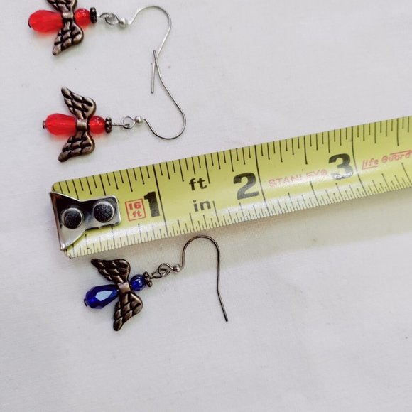 Beaded Angel Dangle Drop Earrings Lot Of 2 Red Blue Faceted Glass Silver Tone - Picture 4 of 4